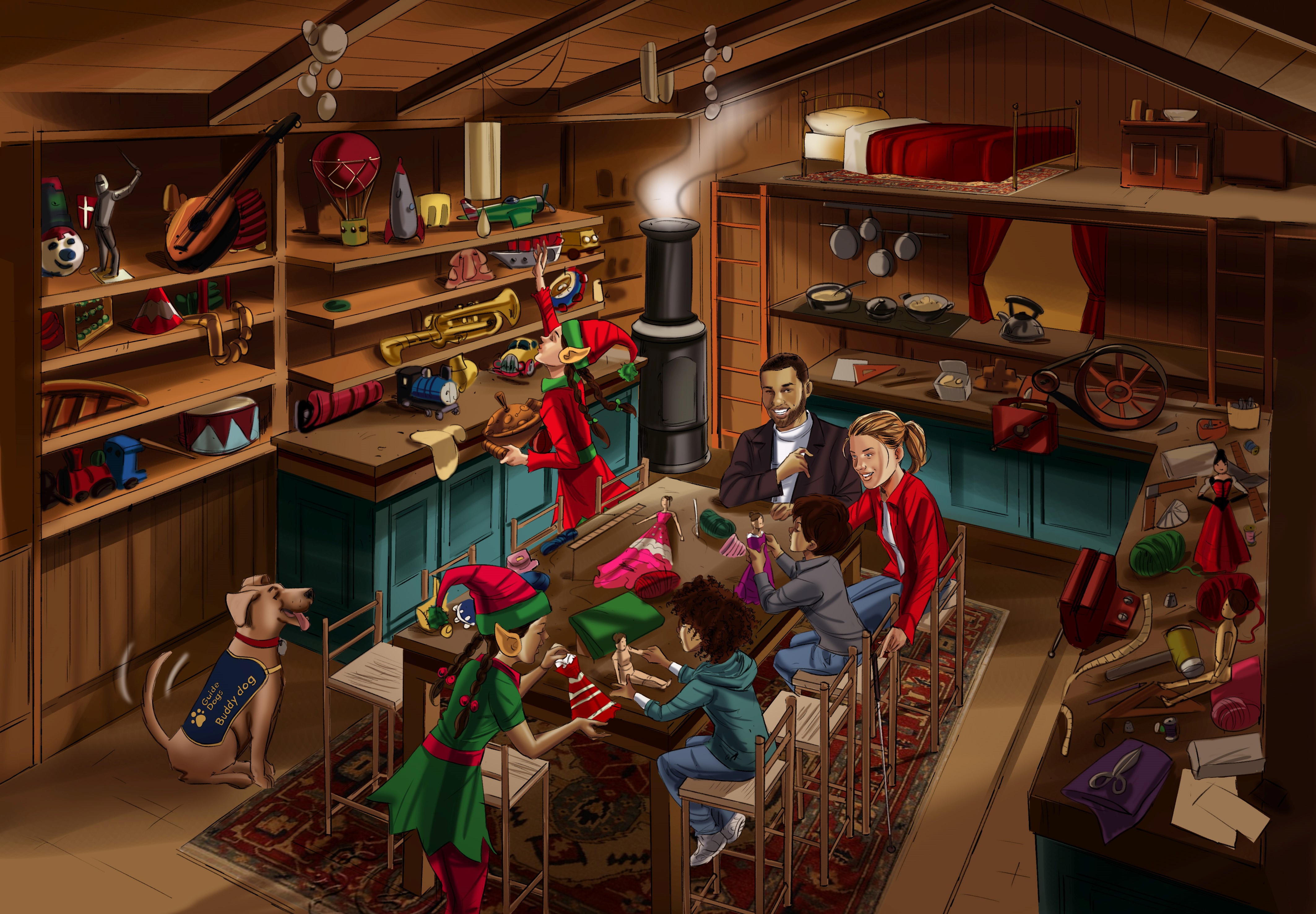 Inside the Head Elf's workshop, a family sits around a table as an elf shows the children dolls as they are told how Santa creates each one in time for Christmas. 