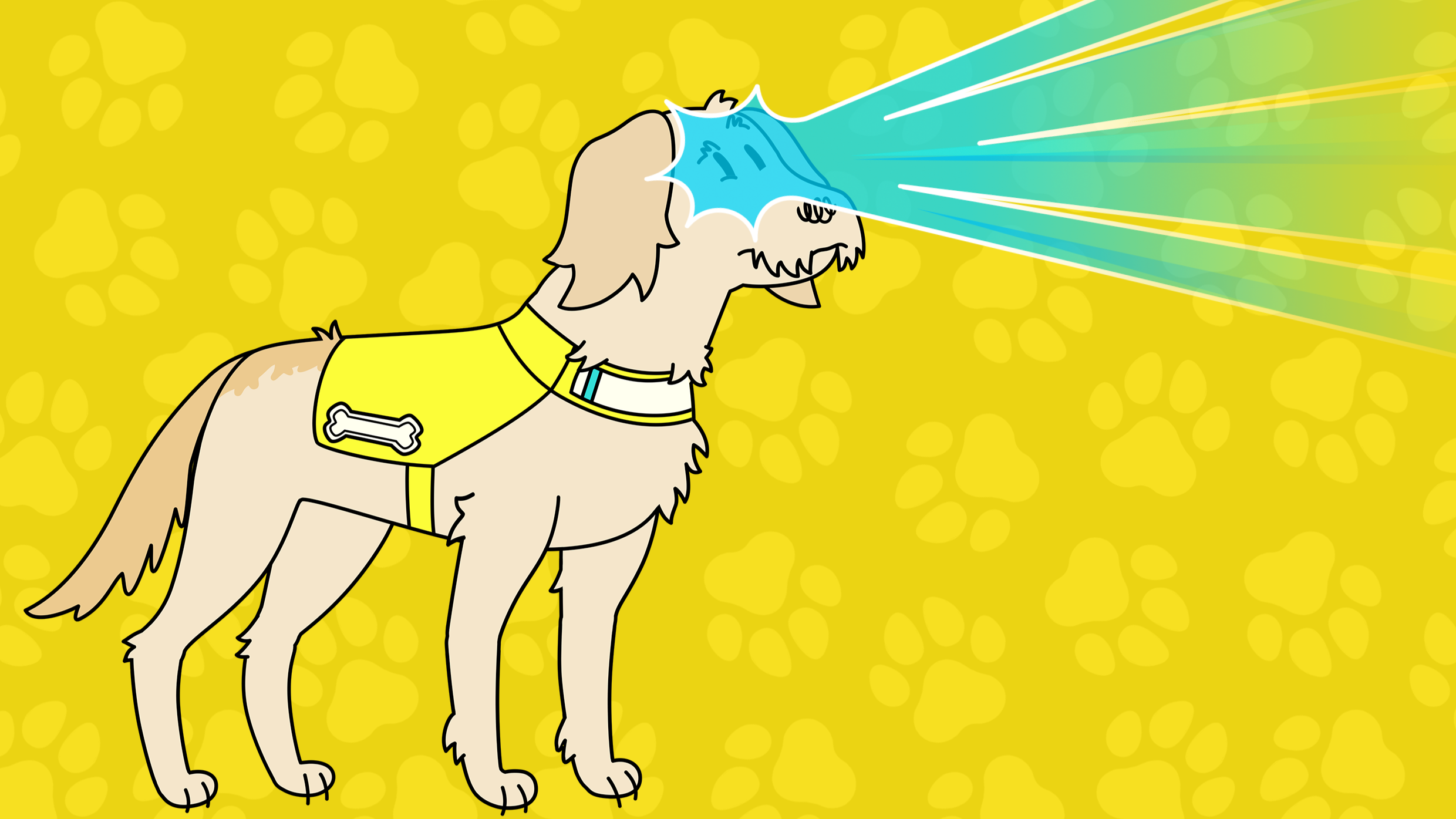 An animation of cream Labradoodle Piran for CBeebies' Dog Squad TV show. Cartoon Piran wears a yellow coat and has blue beams of super sight coming from his eyes.