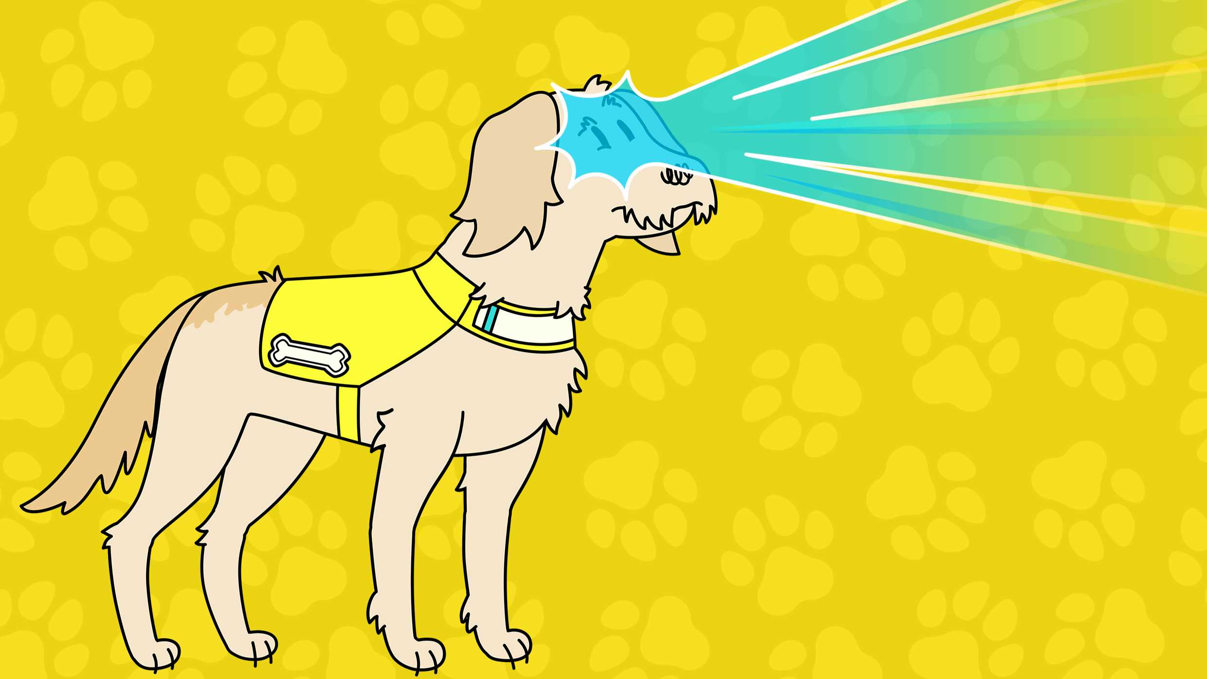 An animation of cream Labradoodle Piran for CBeebies' Dog Squad TV show. Cartoon Piran wears a yellow coat and has blue beams of super sight coming from his eyes.
