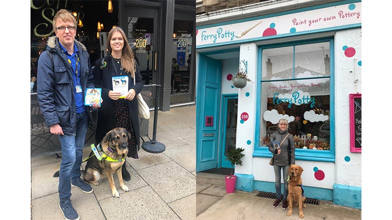 Guide Dog owners meeting companies promoting High Street Heroes