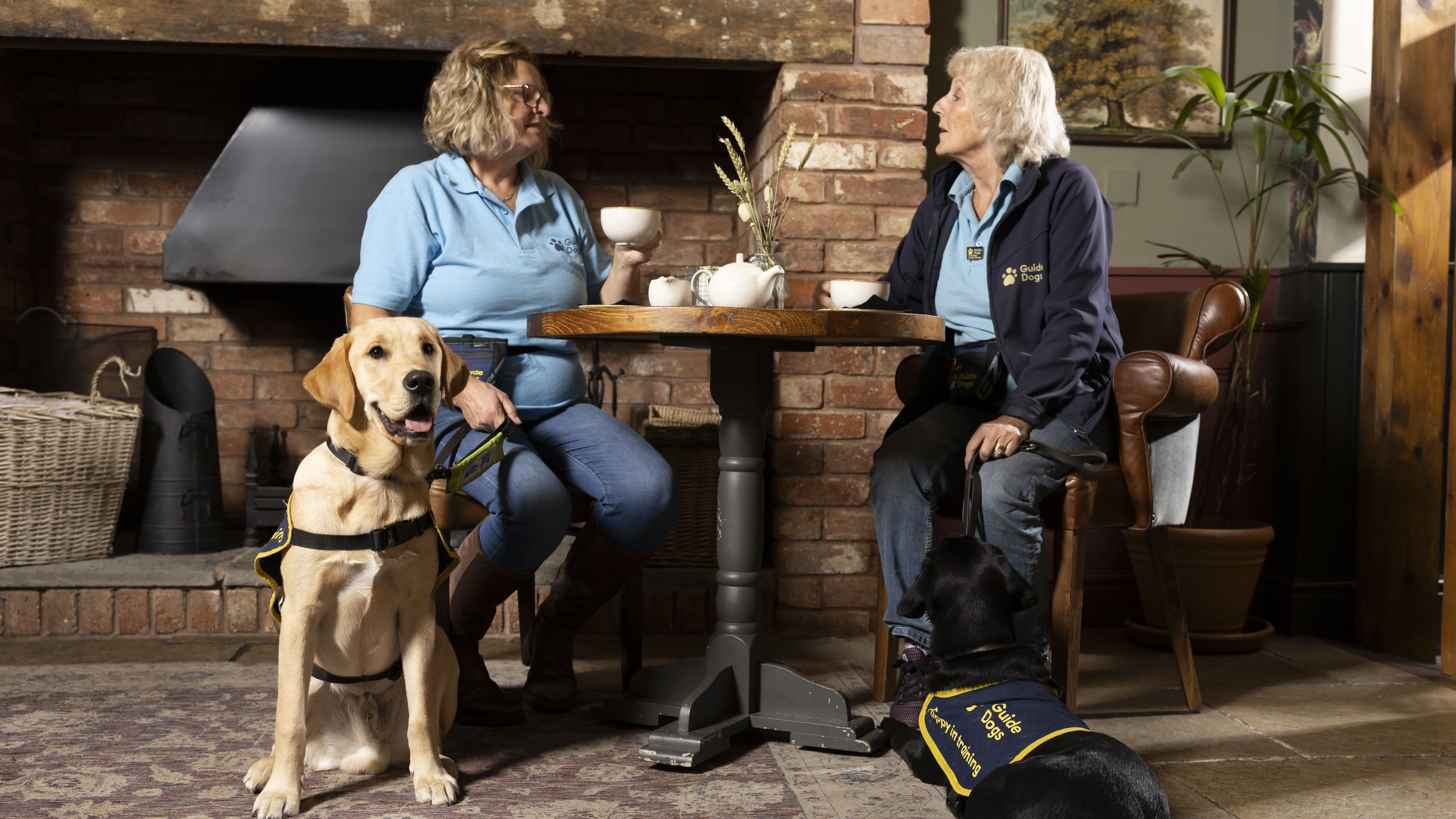 Two Guide Dogs puppy raiser volunteers sit in a pub by a fire, with their guide dog puppies by his feet