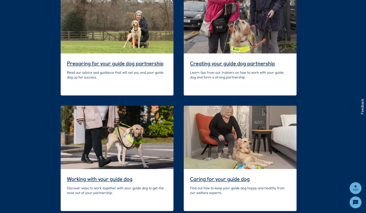 Screenshot of the Guide Dog Service online resource showing the four different areas of content