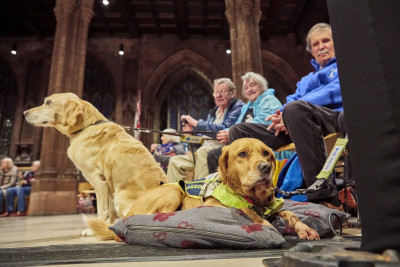 Two dogs sit with their handlers in Manchester Cathedral. One lays on a grey blanket.