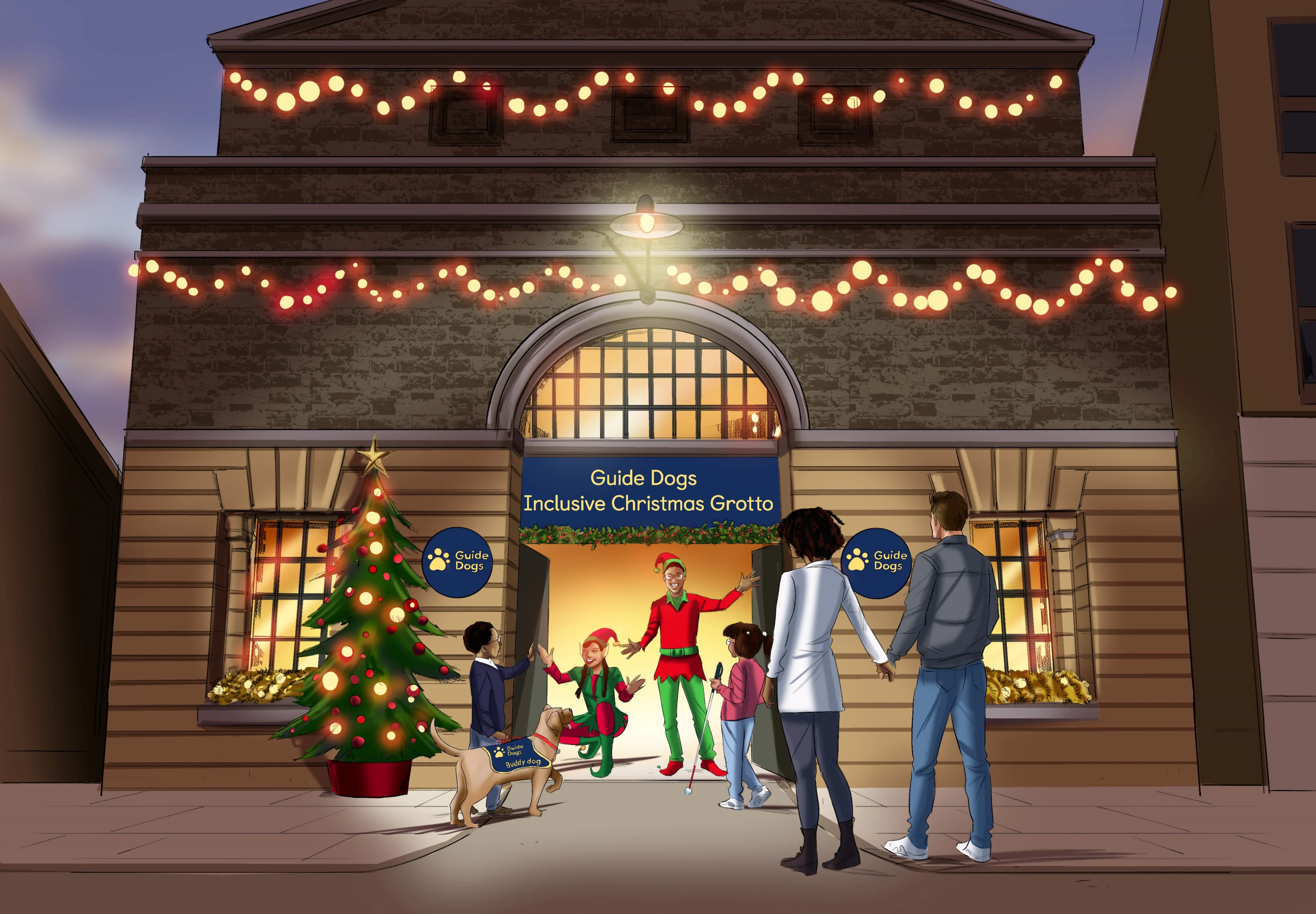 Exterior of Guide Dogs Inclusive Christmas Grotto, with two elves welcoming a family inside. One child has a white cane with them and the other has their Buddy Dog as their parents follow behind.  