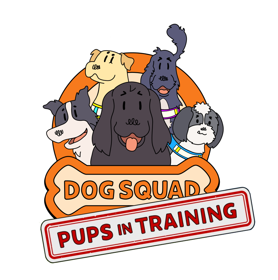 Logo for Dog Squad's Pups in Training Special, showing five smiling cartoon dogs - a border collie, yellow Labrador, Newfoundland, cocker spaniel and Shih Tzu 