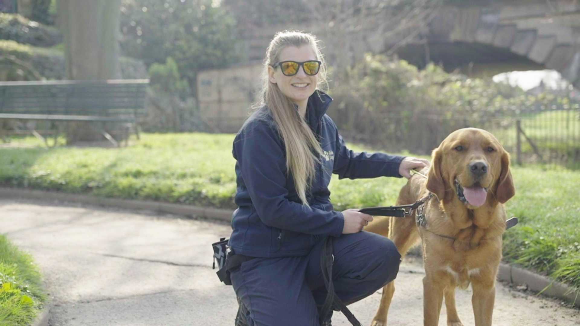 A picture of Emma and a guide dog in harness