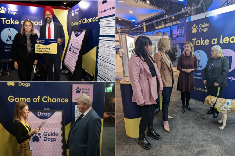 Montage of MPs at the Labour, SNP and Conservative Party Conferences. Clockwise Tan Dhesi MP, Prime Minister Liz Truss and Ian Blackford MP speak with Guide Dogs staff and service users.