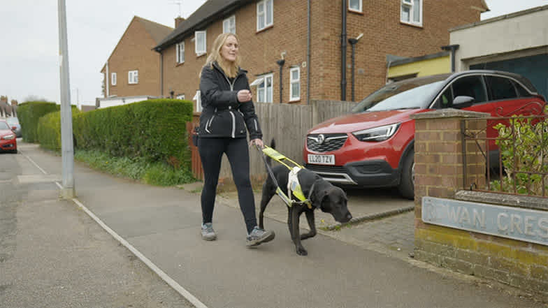 A guide dog owner walking along the street with her guide dog