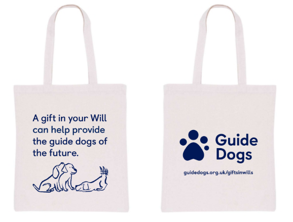 An image of the front and back our Guide Dogs branded tote bag. The front has our logo on as well as a link to our website. The back has an illustration of 3 dogs playing and the quote ‘A gift in your Will can help provide the guide dogs of the future'.