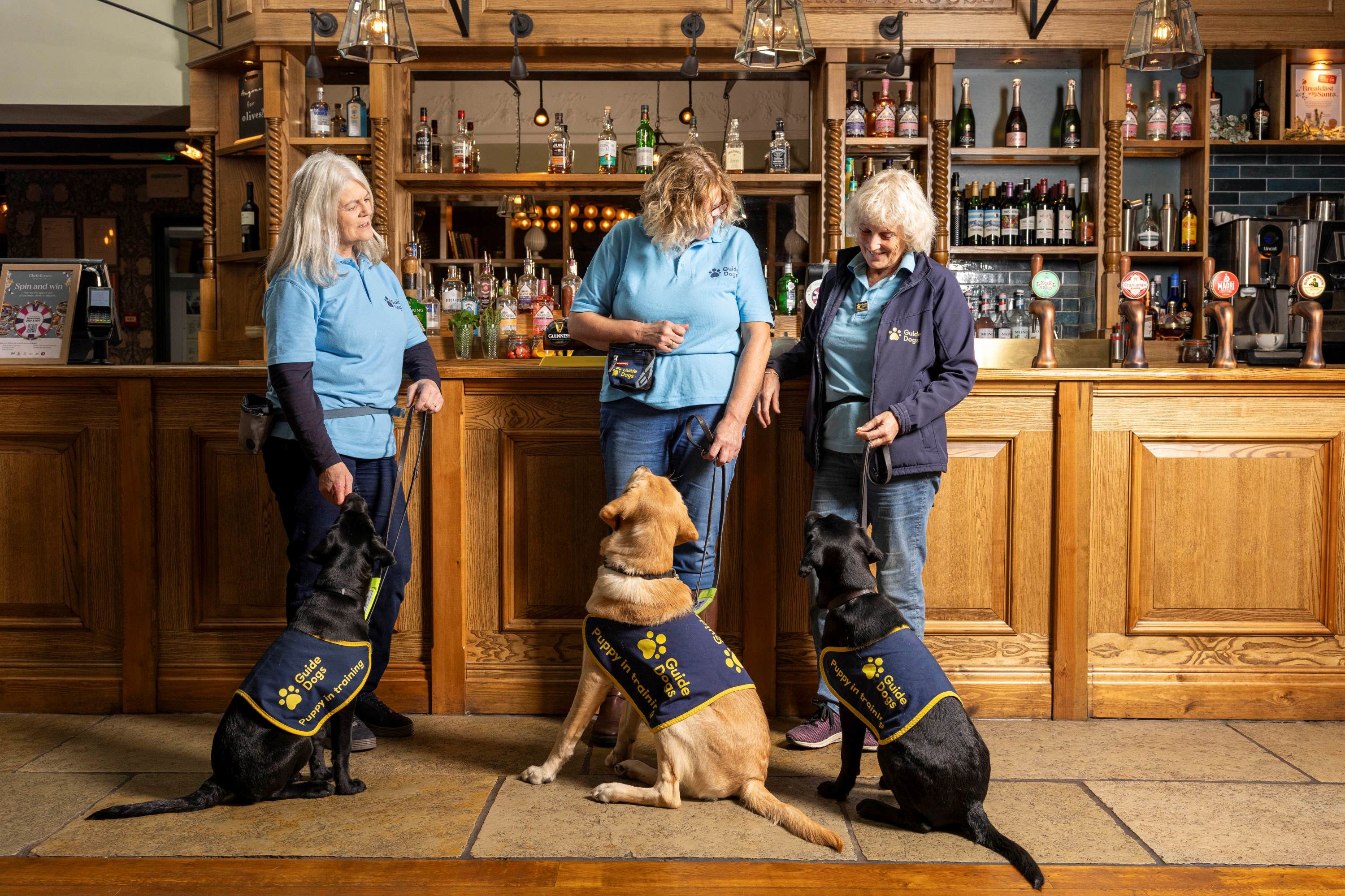 Three female Puppy Raiser volunteers stand by an oak bar in a pub with three guide dog puppies sat at their feet