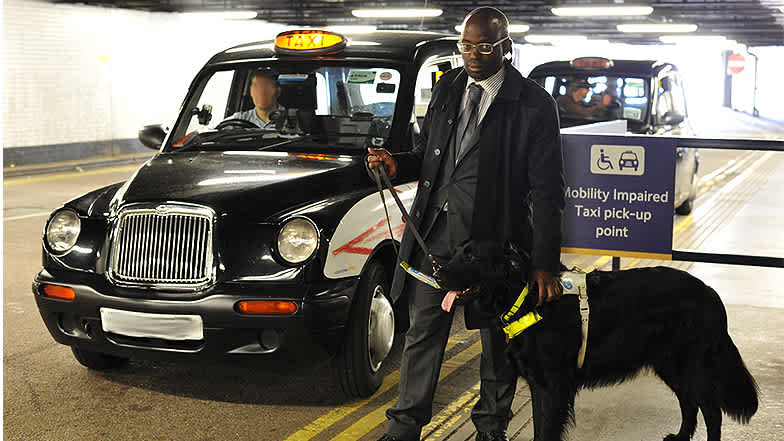 Person with sight loss stands with guide dog next to a designated taxi area 