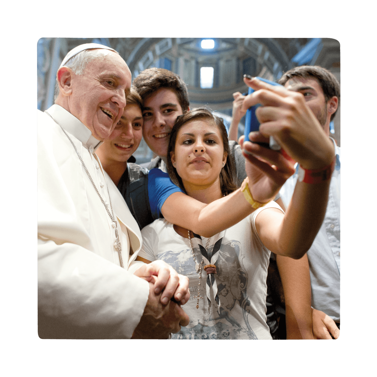 Pope with young catholics reading the docat app