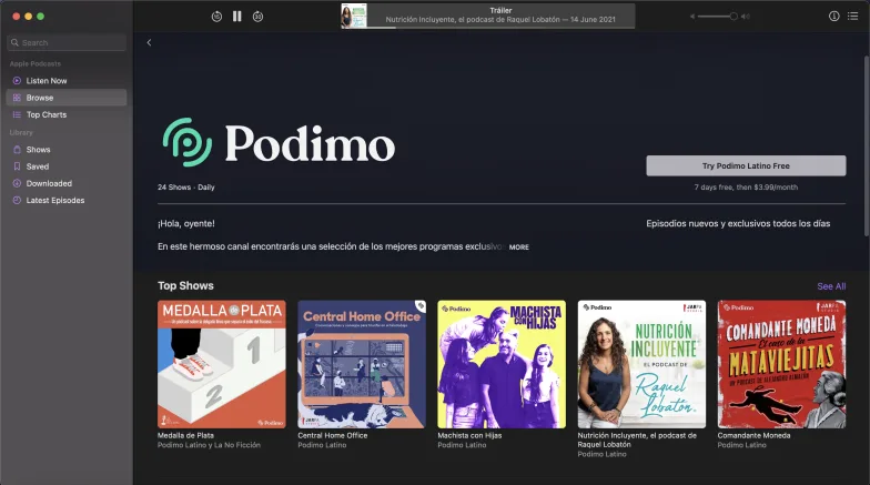 Screenshot desktop podimo en Apple Podcasts