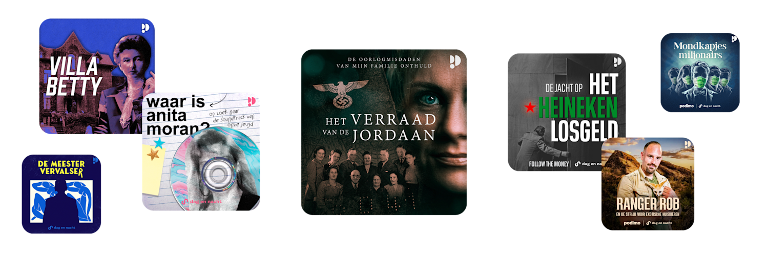 verhalende podcast zoals, villa betty, veraad van de jordaan, heikeken losgeld, mondkapjesmiljonairs, ranger rob, waar is anita mooran en de meestervervalsers luister ze op podimo