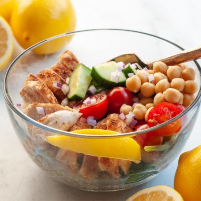 Mediterranean salad with lemon chickpeas and chicken  
