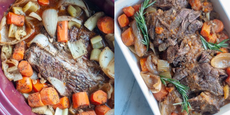 different photos of post roast during prep and cook process 