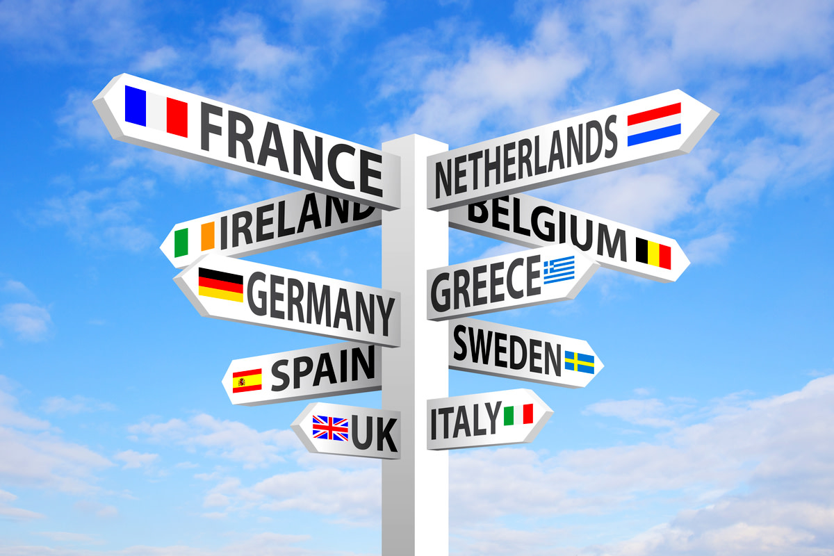 Europe destinations and flags signpost