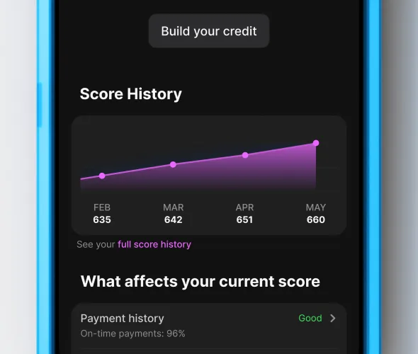 A phone showing a customer’s credit score history in the OnePay app.