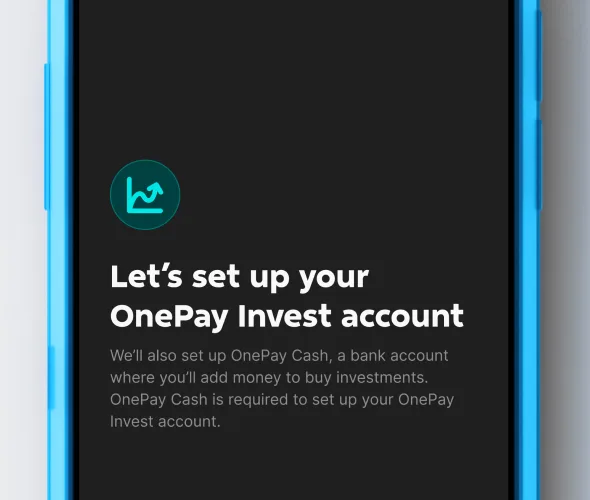 Mobile phone in blue case displays black screen with white text and a teal icon.