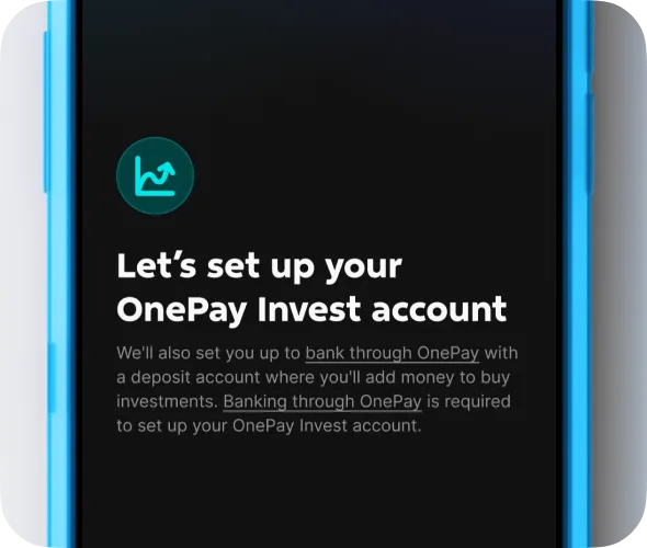 Mobile phone in blue case displays black screen with white text and a teal icon.