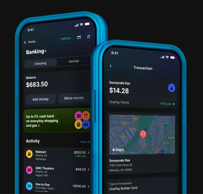 Two phones showing the OnePay app. One screen shows a customer’s debit balance, and the other screen shows a transaction where the customer has earned OnePay Points.