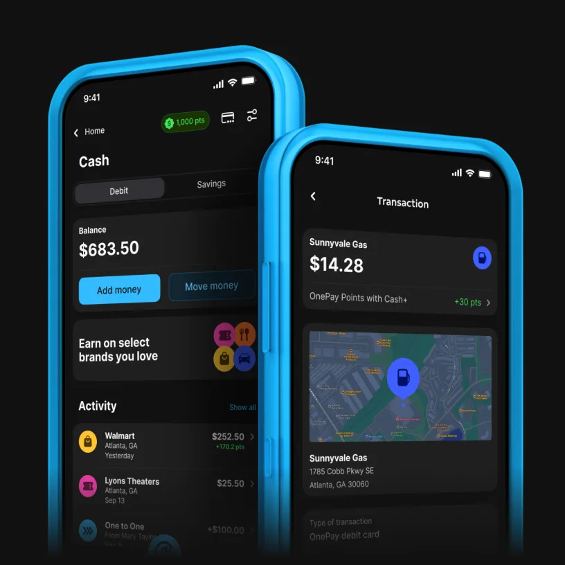 Two phones showing the OnePay app. One screen shows a customer’s debit balance, and the other screen shows a transaction where the customer has earned OnePay Points.