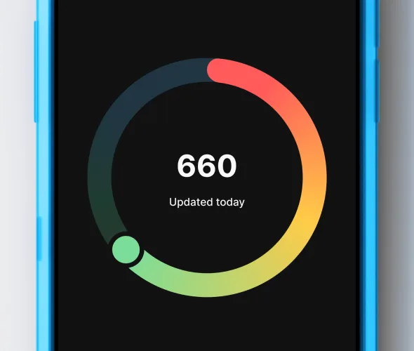 A phone showing the credit score wheel in the OnePay app.