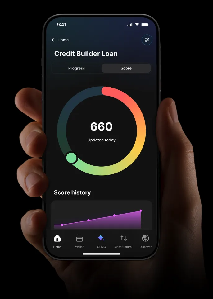 A customer holding a phone showing a Credit Builder Loan screen, with a credit score wheel showing a credit score of 660.