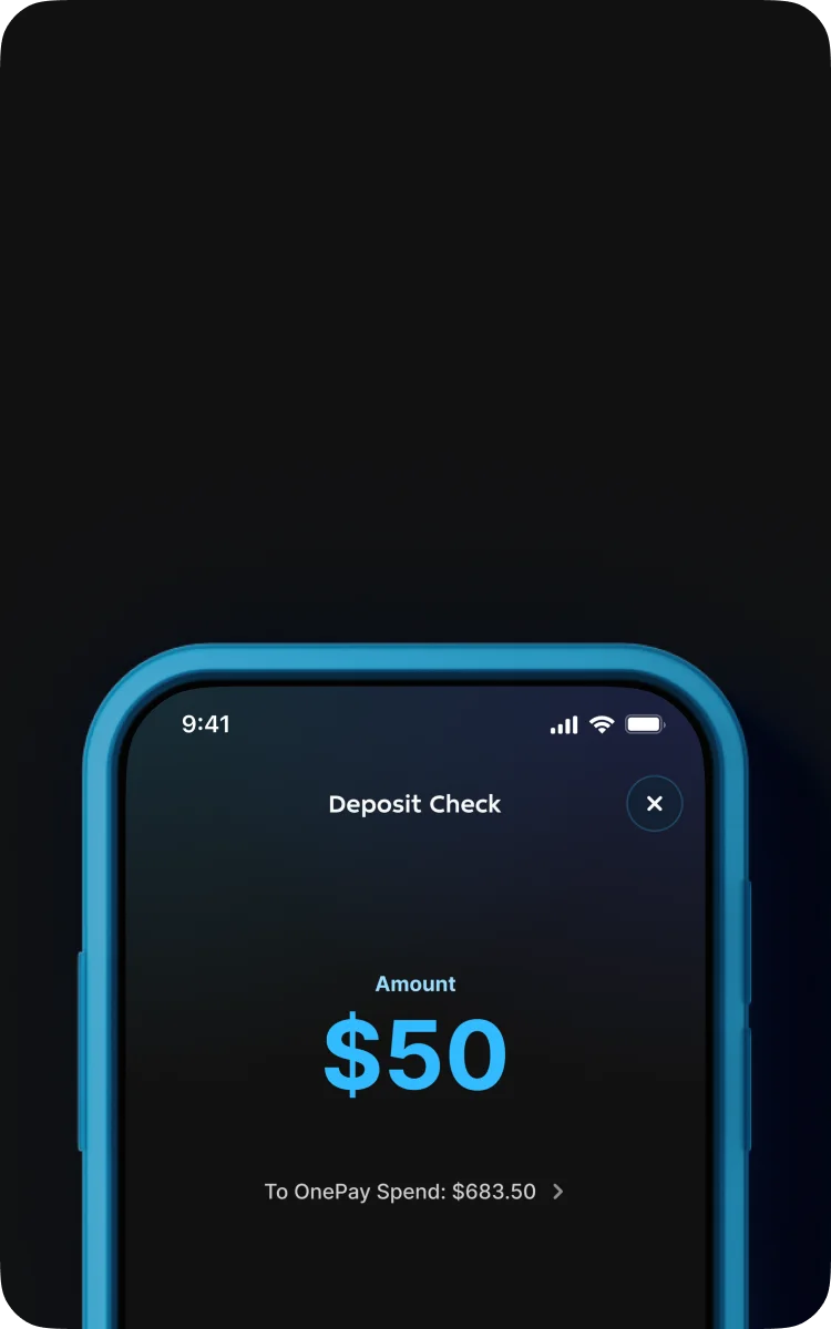 Phone showing a mobile check deposit screen in the OnePay app.