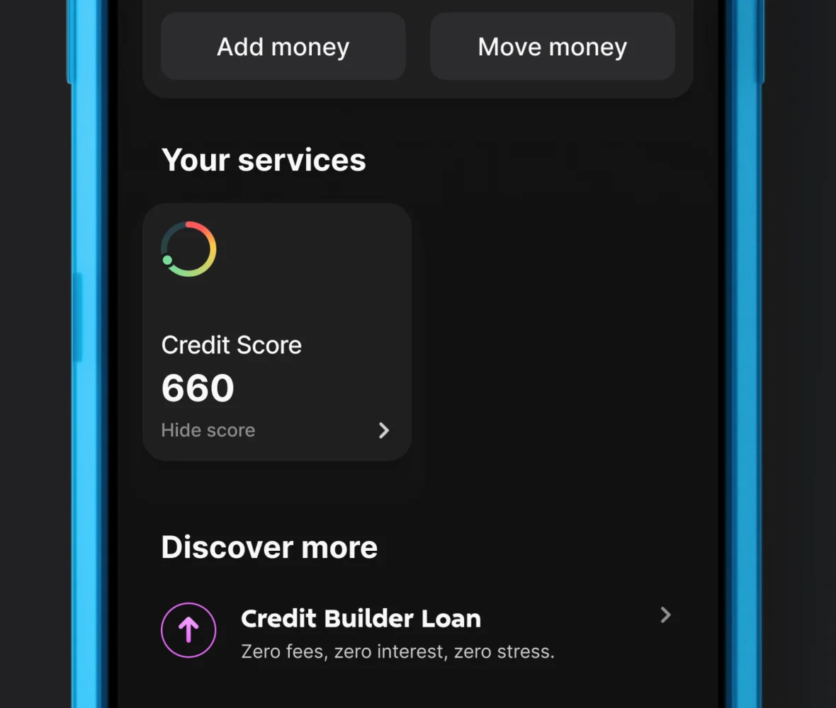 A phone showing the Discover more section of the OnePay app, where customers can sign up for Credit Builder Loan.