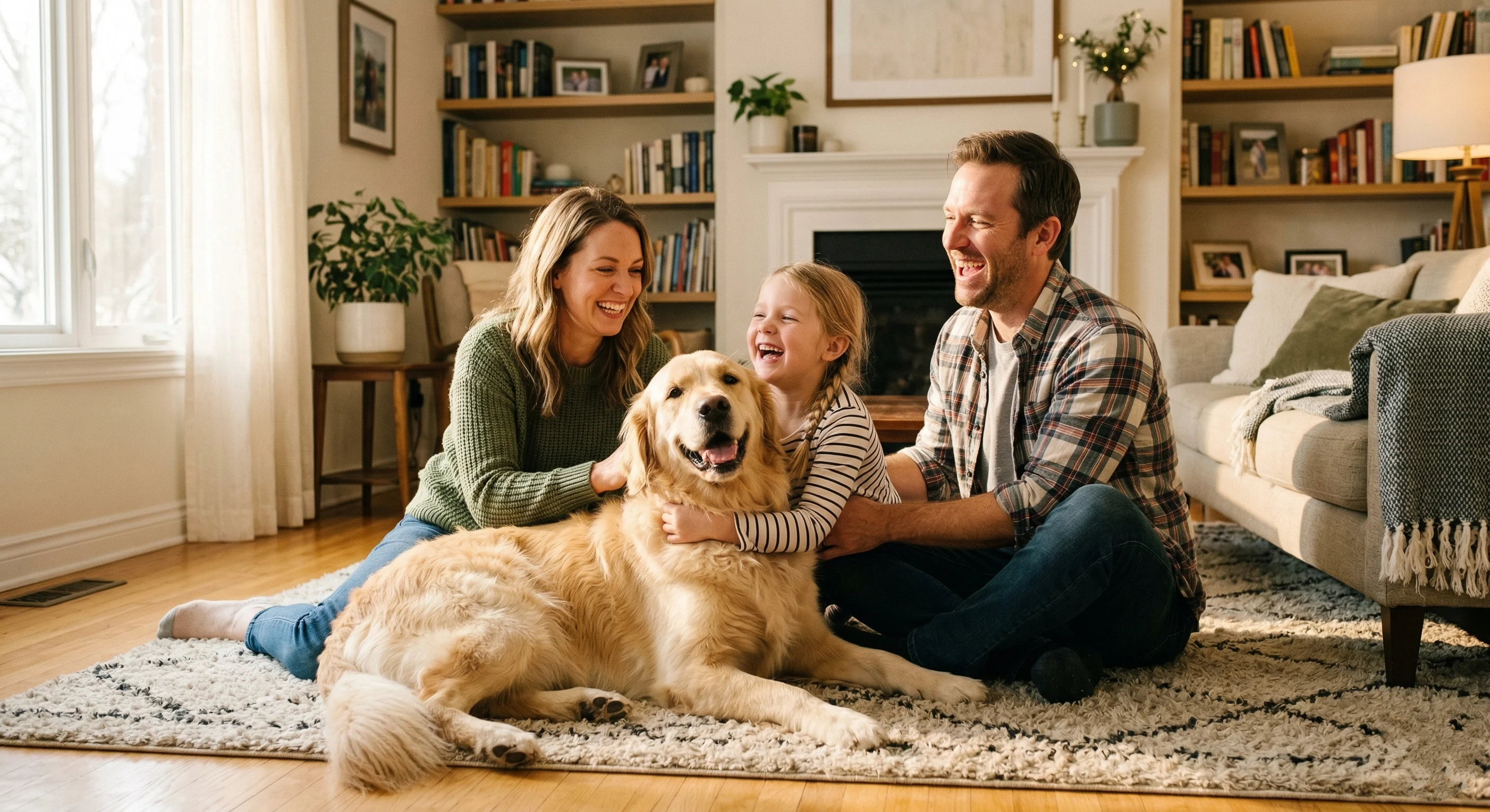mother, father and daughter laughing with their family dog