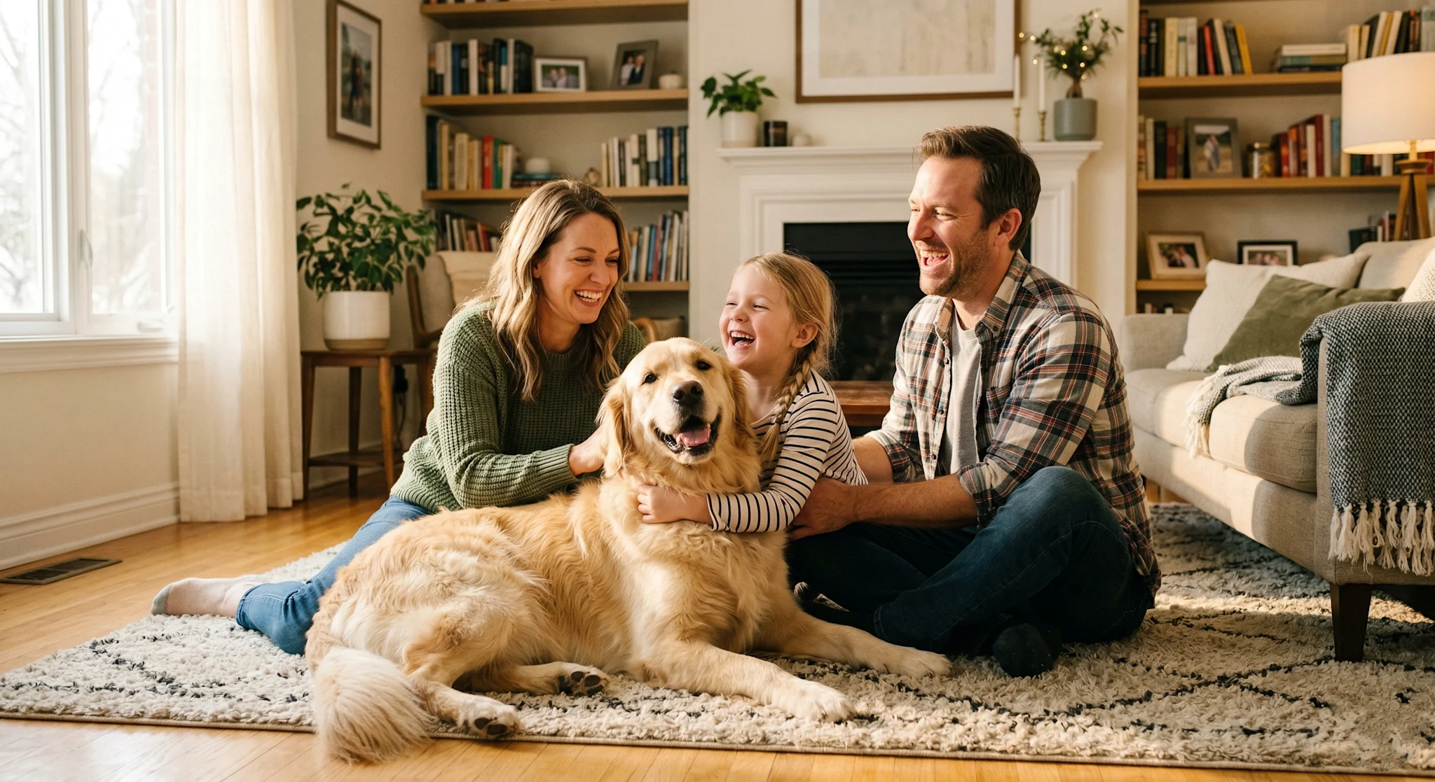 mother, father and daughter laughing with their family dog
