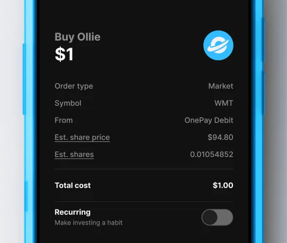 Mobile phone in blue case displays black screen with white and grey text and a large light blue Ollie logo.