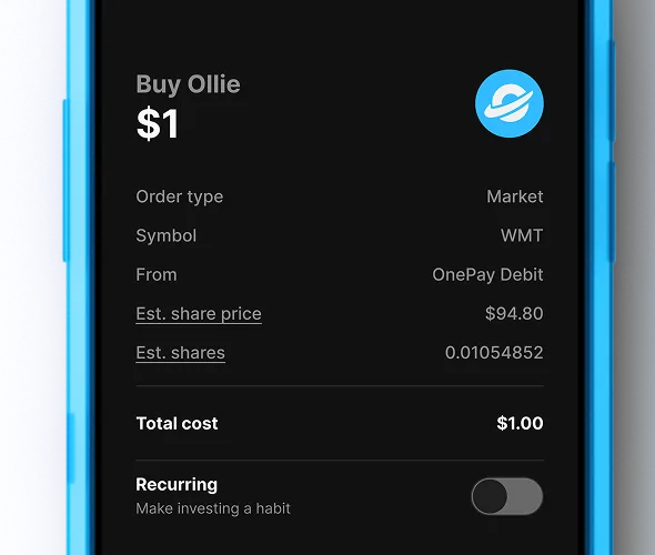 Mobile phone in blue case displays black screen with white and grey text and a large light blue Ollie logo. 
