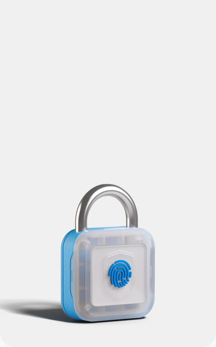 Metallic blue lock with a golden shield on it featuring a fingerprint.