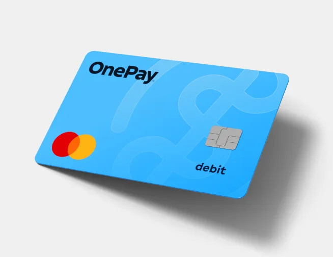 Light blue OnePay debit card.