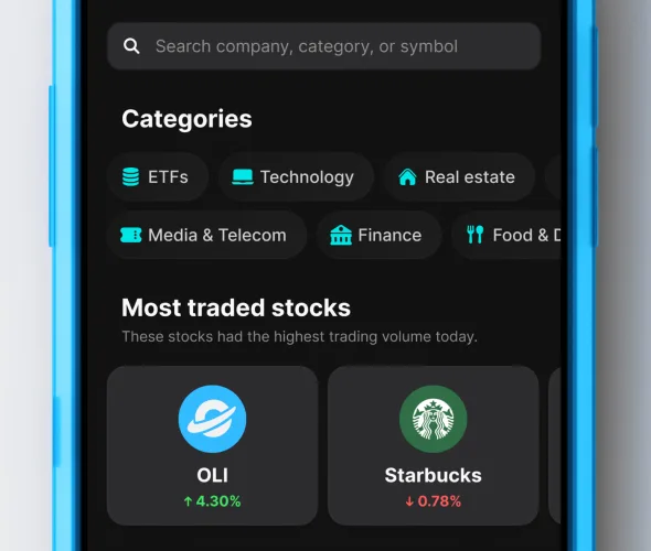 Mobile phone in blue case displays black screen with teal category icons and two larger light black buttons with Ollie and Starbucks logos.