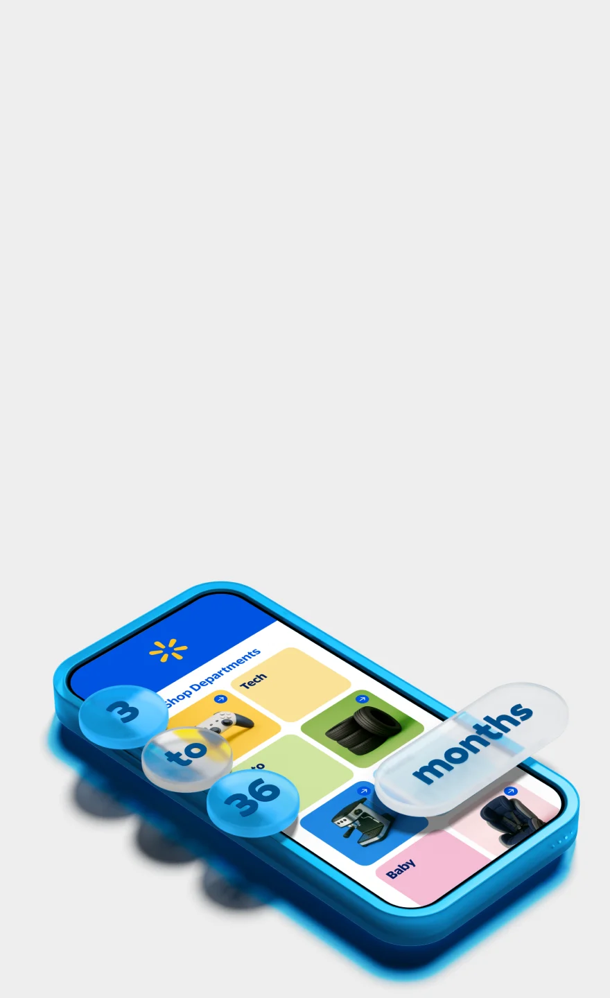 Blue iPhone lays across a light grey background displaying popular shopping categories at Walmart in yellow, green, blue, and pink boxes. Glass-like blue and clear bubbles hover above reading "3 to 36" with a large clear bubble reading "months."