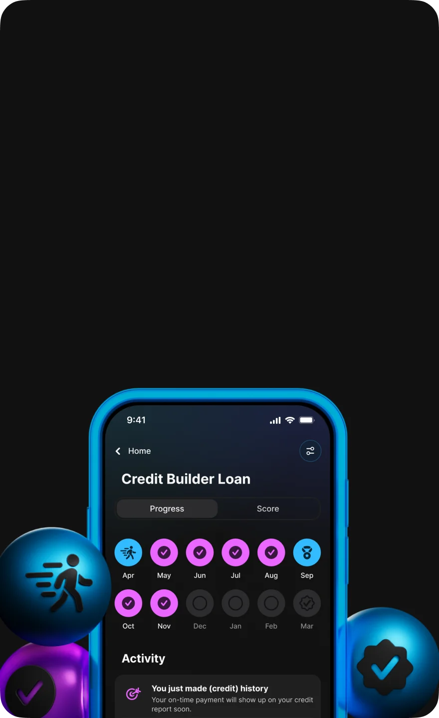 A phone showing the Credit Builder Loan screen in the OnePay app.