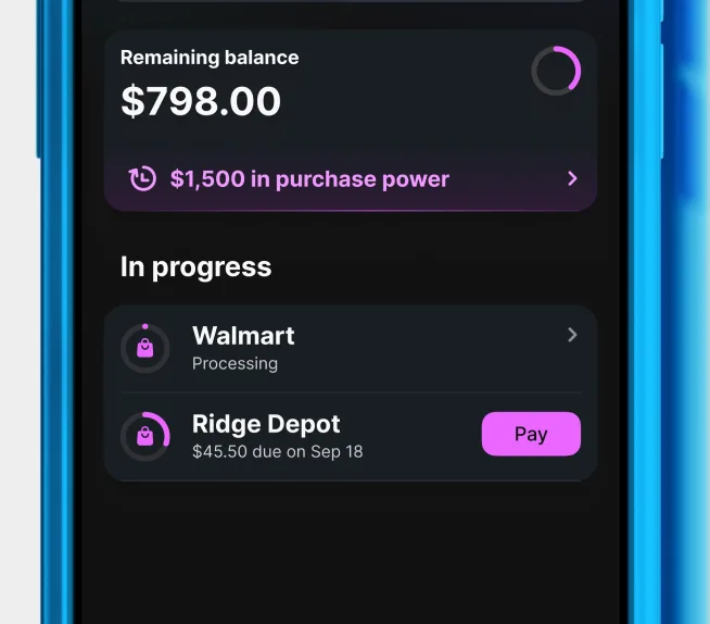 Remaining balance screen displaying $798.00 with user purchase power showing $1,500 on a black background.
