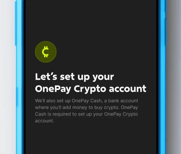 Mobile phone in blue case displays black screen with white text and chartreuse icon.
