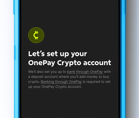 Mobile phone in blue case displays black screen with white text and chartreuse icon.