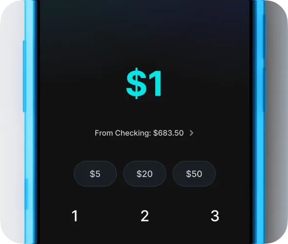 Mobile phone in blue case displays black screen with lighter black buttons. Buttons have white text.