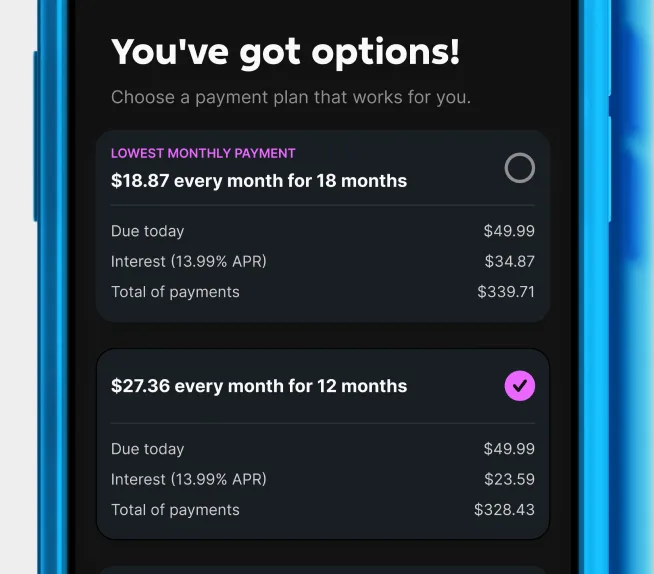 Pay Later payment plans displayed on black background.