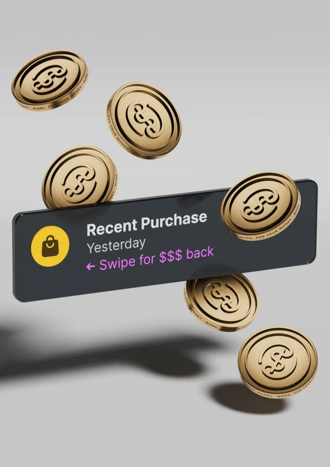 Gold coins float down over a grey backgound with a dark grey rectangle displaying the text "recent purchase, yesterday, swipe for $$$ back"