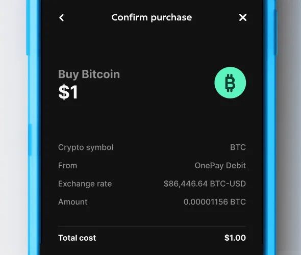 Mobile phone in blue case displays black screen with white text and a light green Bitcoin icon.