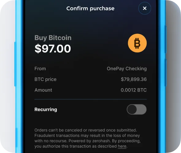 Mobile phone in blue case displays black screen with white text and a light green Bitcoin icon.