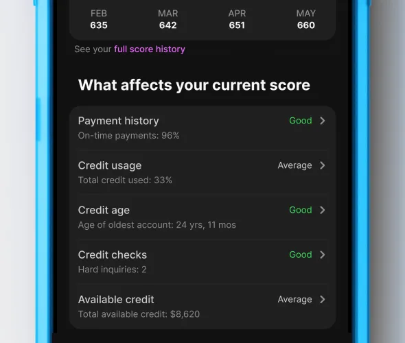 A phone showing a OnePay screen featuring a customer’s 6 credit score factors.