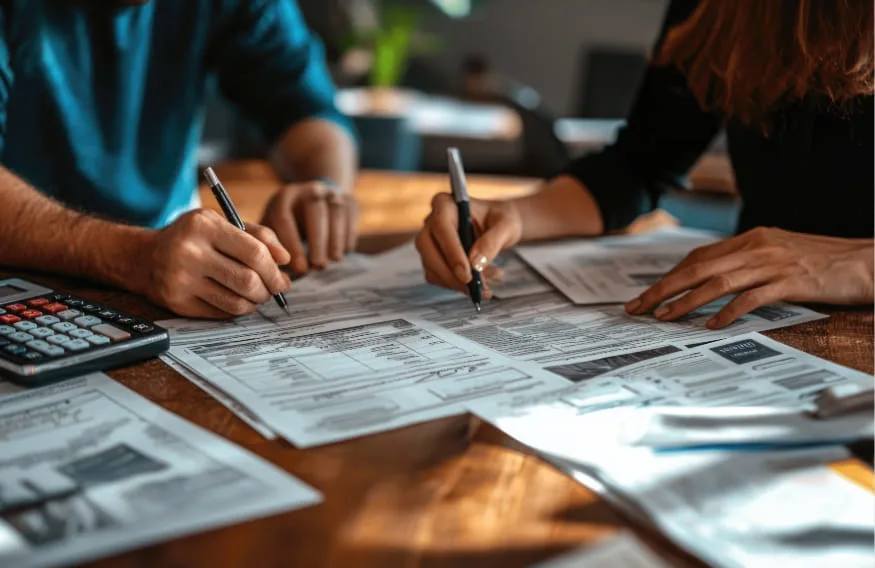 image of a pair of male and female hands filling out tax forms