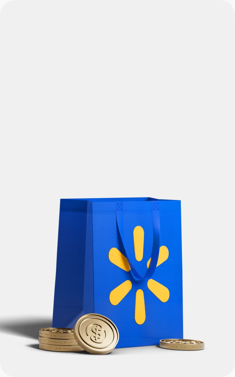 Reusable blue and yellow Walmart shopping bag with gold coins stacked aside it.